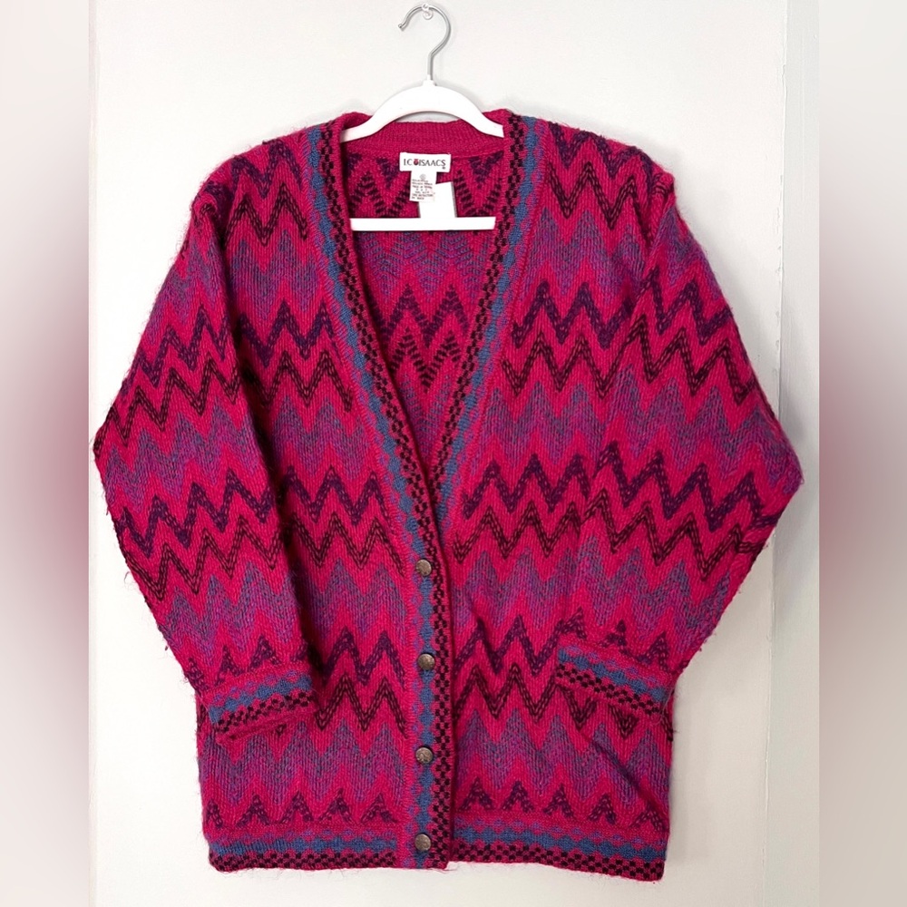 Vintage 80s Wool Blend Buttonup Chevron‎ Stripe Oversized Cardigan Sweater small